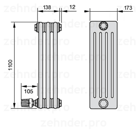 Схема (чертеж) Радиатор Zehnder Charleston 5110/3 №V003 Белый глянцевый RAL 9016